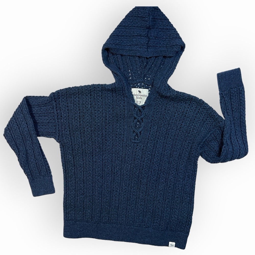 Abercrombie & Fitch Kids Blue Hooded Sweater 13/14 Youth Pullover Weave Lace Up - Picture 7 of 10